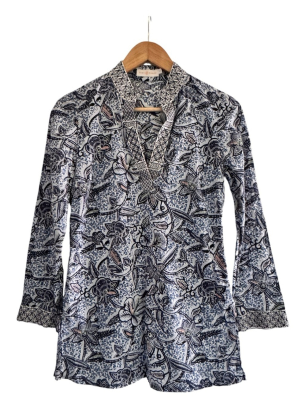 tory burch blue white floral tunic boho cotton blouse
